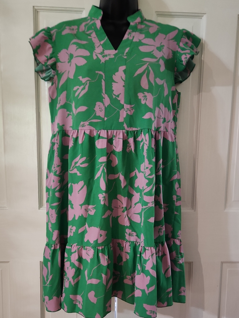 Womens Green & Lavender Floral Tiered Dress - Size: Small